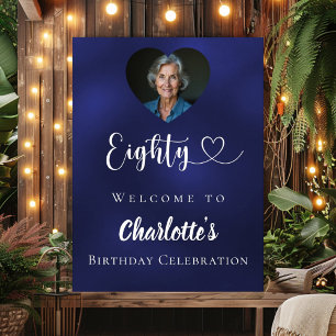 Navy blue 80th birthday party photo heart welcome poster