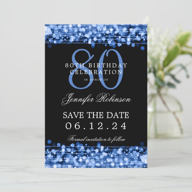Navy Blue 80th Birthday Save the Date  Invitation (Standing Front)