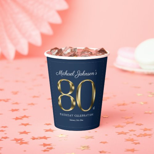 Navy Blue 80th Birthday Solid Gold Text Classic Paper Cups