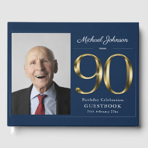 Navy Blue 90th Birthday Gold Typography Custom Guest Book