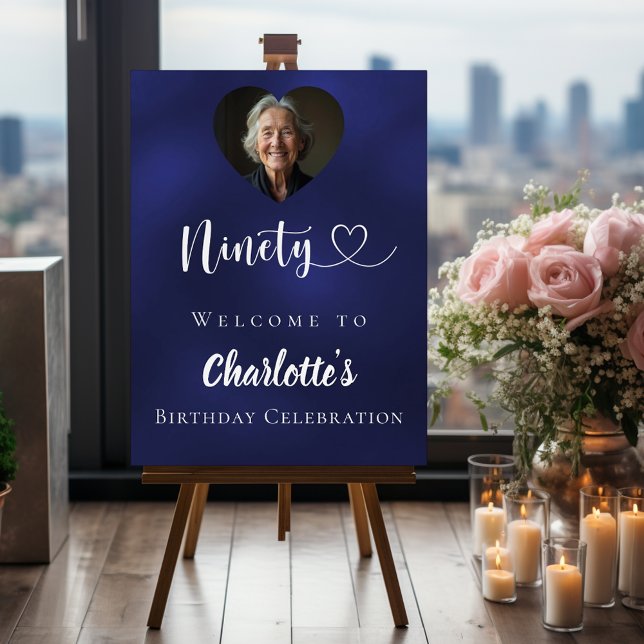 Navy blue 90th birthday party photo heart welcome foam board (Creator Uploaded)