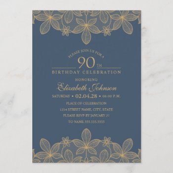 Navy Blue 90th Birthday Party Unique Golden Lace Invitation by superdazzle at Zazzle