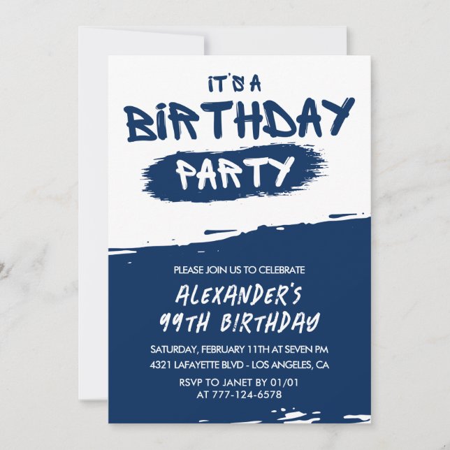 Navy Blue 99th birthday invitations Men Graffiti  (Front)