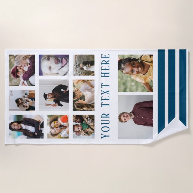 Navy Blue 9 Photo Collage Family Beach Towel (Front)
