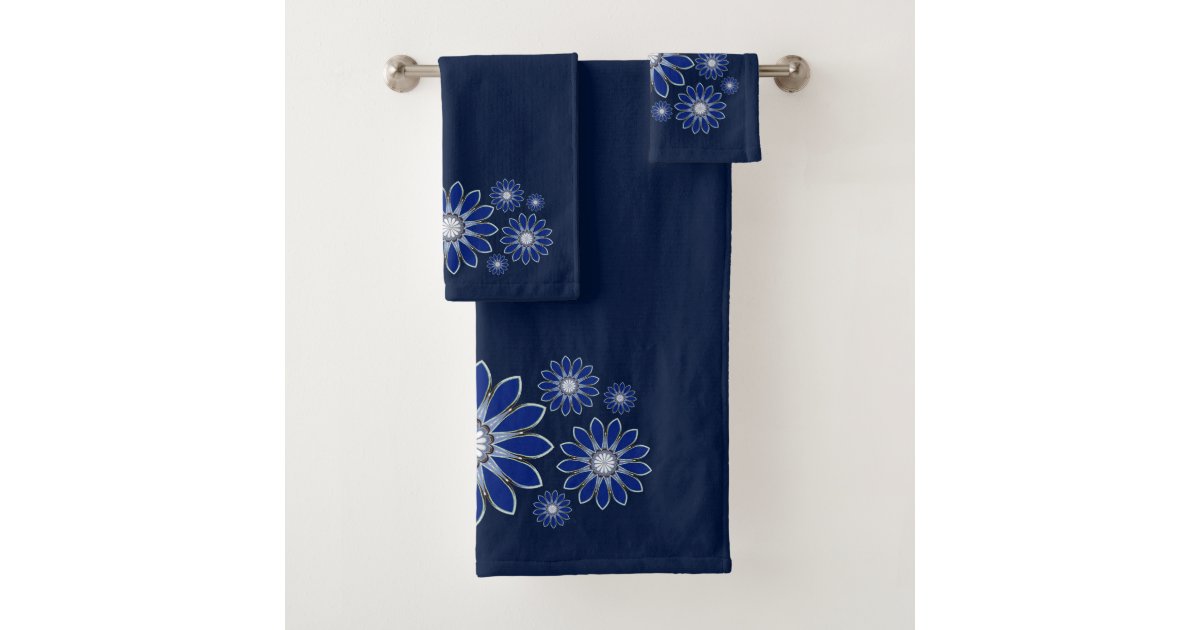 Navy Blue Abstract Floral Bath Towel Set | Zazzle