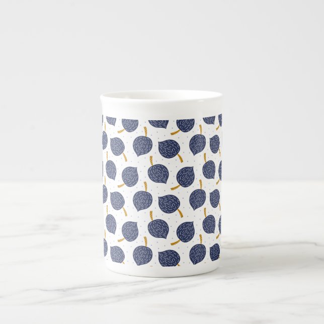 Navy Blue Abstract Flying Bomb Fruit Pattern Bone China Mug (Front)