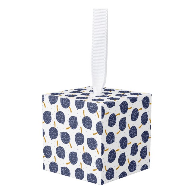 Navy Blue Abstract Flying Bomb Fruit Pattern Cube Ornament (Front Angled)