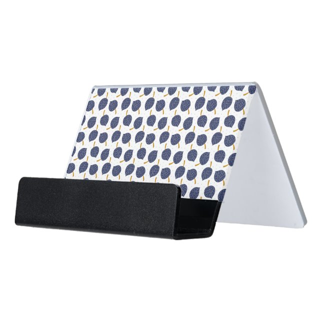 Navy Blue Abstract Flying Bomb Fruit Pattern Desk Business Card Holder (Angled Front)