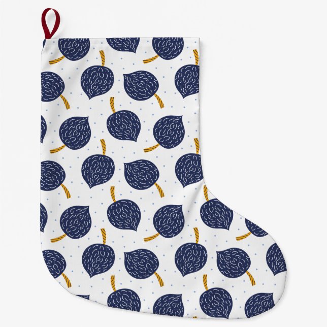 Navy Blue Abstract Flying Bomb Fruit Pattern Large Christmas Stocking (Front)