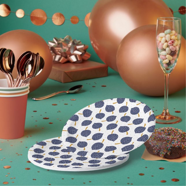 Navy Blue Abstract Flying Bomb Fruit Pattern Paper Plates (Multi)