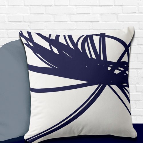 Navy Blue Abstract Ribbon Design on White Throw Pillow