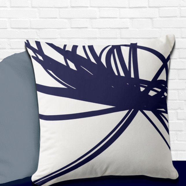 Navy Blue Abstract Ribbon Design on White Throw Pillow (Creator Uploaded)
