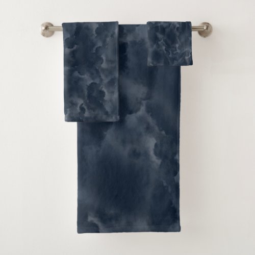 Navy Blue Abstract Watercolor Stain Elegant Chic Bath Towel Set