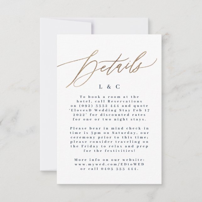 Navy Blue Accommodation Gold Wedding Details Cards (Front)