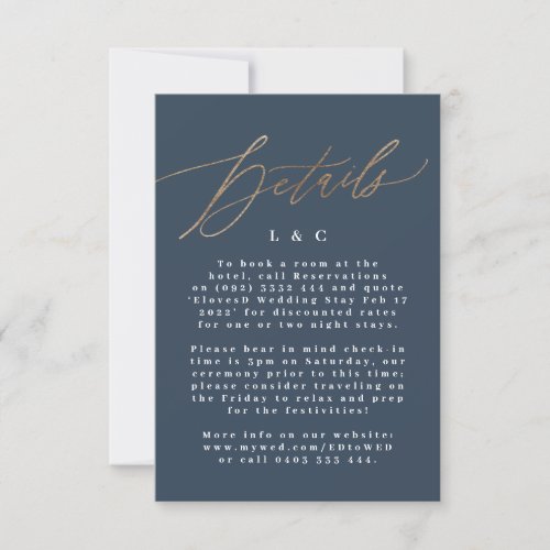 Navy Blue Accommodation Gold Wedding Details Cards