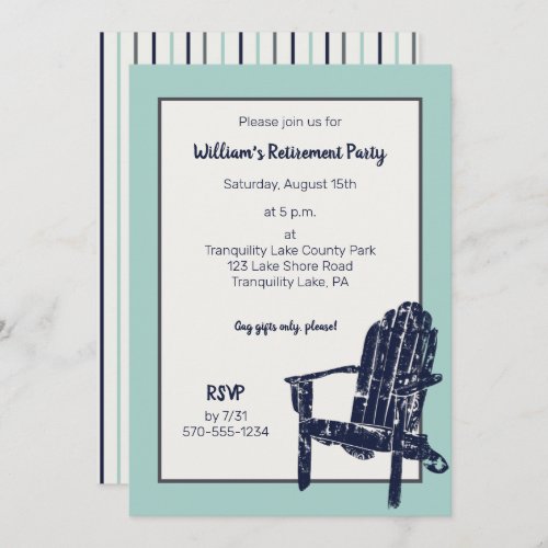 Navy Blue Adirondack Chair Custom Retirement Party Invitation