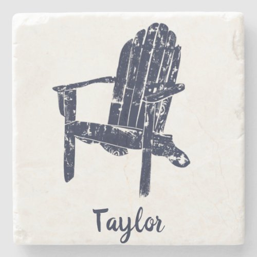 Navy Blue Adirondack Chair Graphic Personalized Stone Coaster