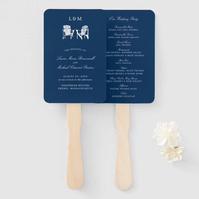 Navy Blue Adirondack Chairs Wedding Hand Fan (Front and Back)