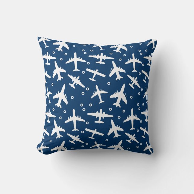 Navy Blue Aeroplane Patterned Aviation Themed Throw Pillow (Front)