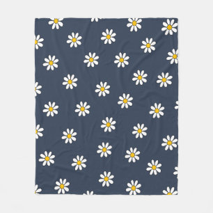 Navy Blue Aesthetic Botanical Floral Daisy Pattern Fleece Blanket