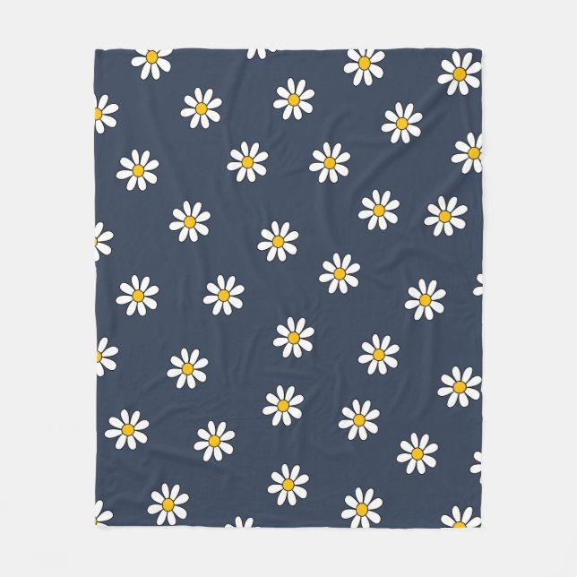 Navy Blue Aesthetic Botanical Floral Daisy Pattern Fleece Blanket (Front)