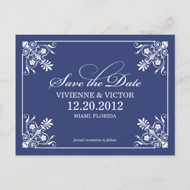 NAVY BLUE AFFAIR | SAVE THE DATE ANNOUNCEMENT POSTCARD (Front)