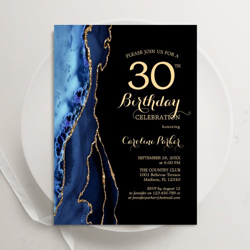 Navy Blue Agate And Gold 30th Birthday Invitation