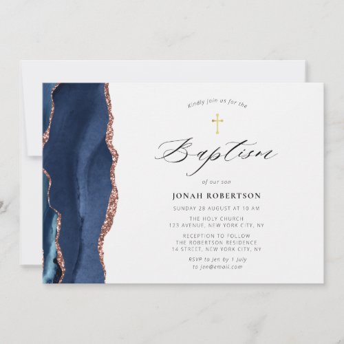 navy blue agate baptism invitation