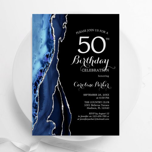 Navy Blue Agate Black Silver 50th Birthday Invitation