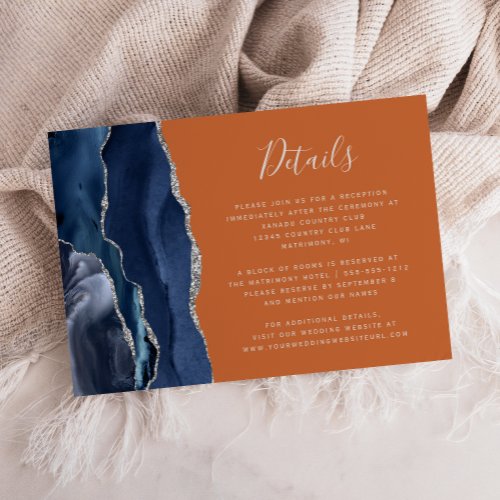 Navy Blue Agate Burnt Orange Wedding Details Enclosure Card
