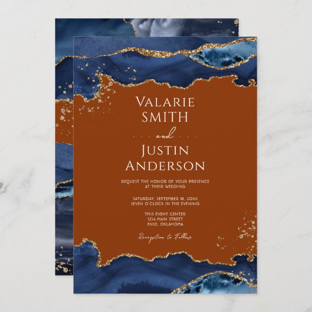 Navy Blue Agate Burnt Orange Wedding Invitation (Front/Back)
