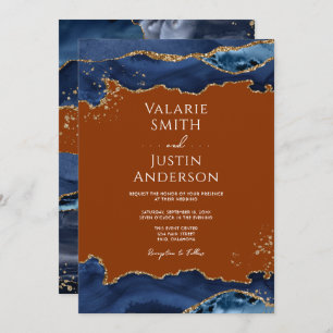 Navy Blue Agate Burnt Orange Wedding Invitation