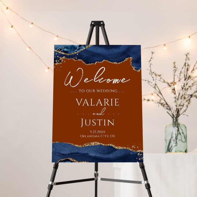 Navy Blue Agate Burnt Orange Wedding Welcome Sign (In Situ (Stand))