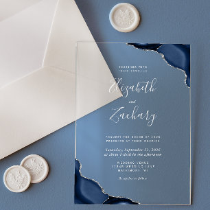 Navy Blue Agate Corners Silver Gray Text Wedding Acrylic Invitations