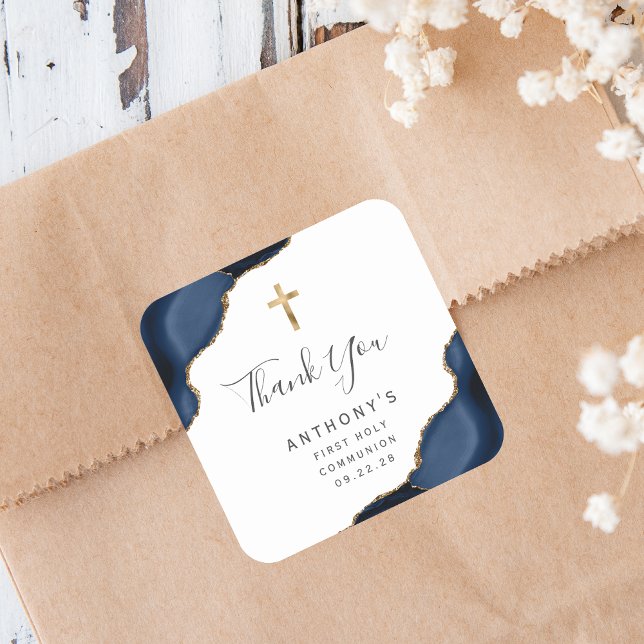 Navy Blue Agate First Holy Communion Thank You Square Sticker (Creator Uploaded)