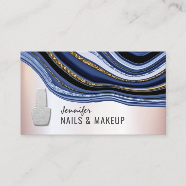 Navy blue agate geode chic metallic soft pink nail business card (Front)