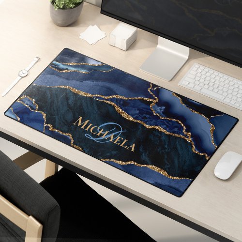 Navy Blue Agate Geode Gold Glitter Monogram  Desk Mat