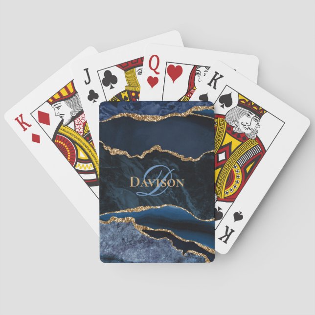 Navy Blue Agate Geode Gold Glitter Monogram Poker Cards (Back)