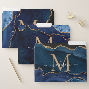 Navy Blue Agate Geode Gold Glitter Monogram Script File Folder