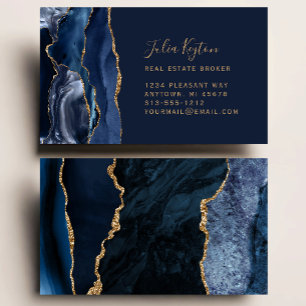 Navy Blue Agate Geode Gold Glitter Real Estate Business Card