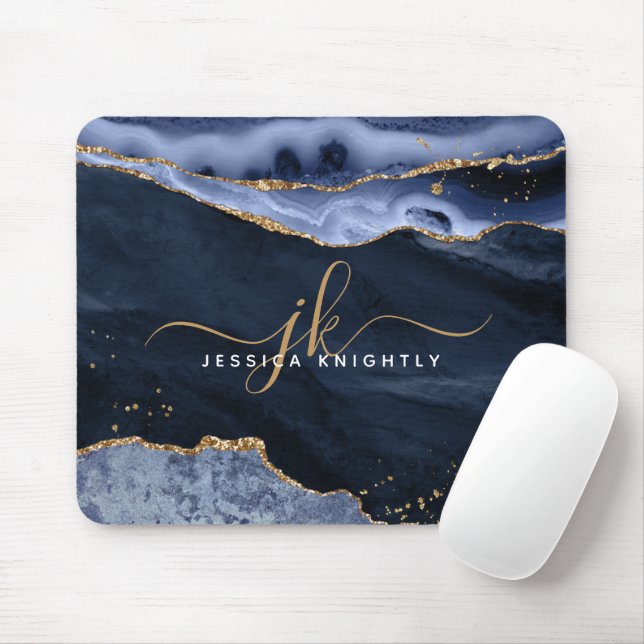 Navy Blue Agate Geode Gold Glitter Script Monogram Mouse Pad (With Mouse)
