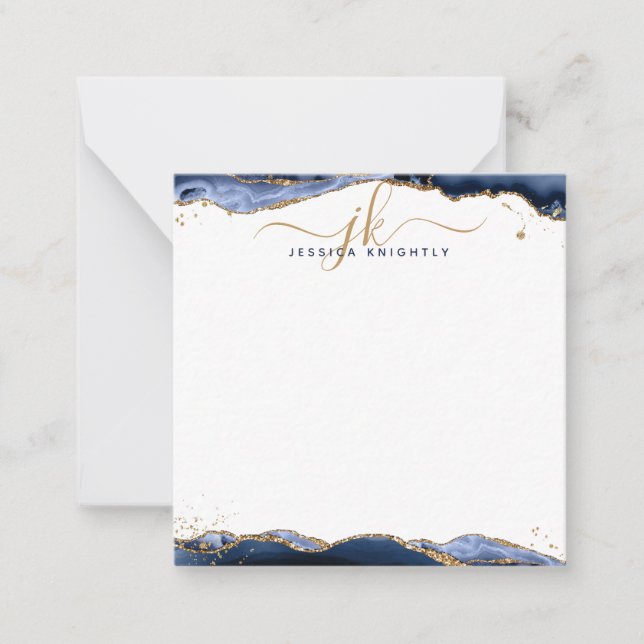 Navy Blue Agate Geode Gold Glitter Script Monogram Note Card (Front)