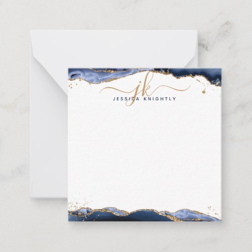 Navy Blue Agate Geode Gold Glitter Script Monogram Note Card