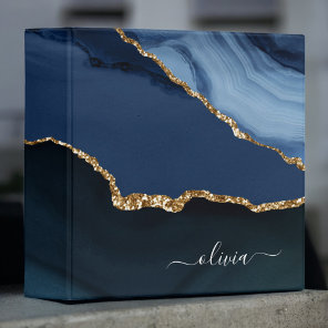 Navy Blue Agate Geode Gold Monogram 3 Ring Binder