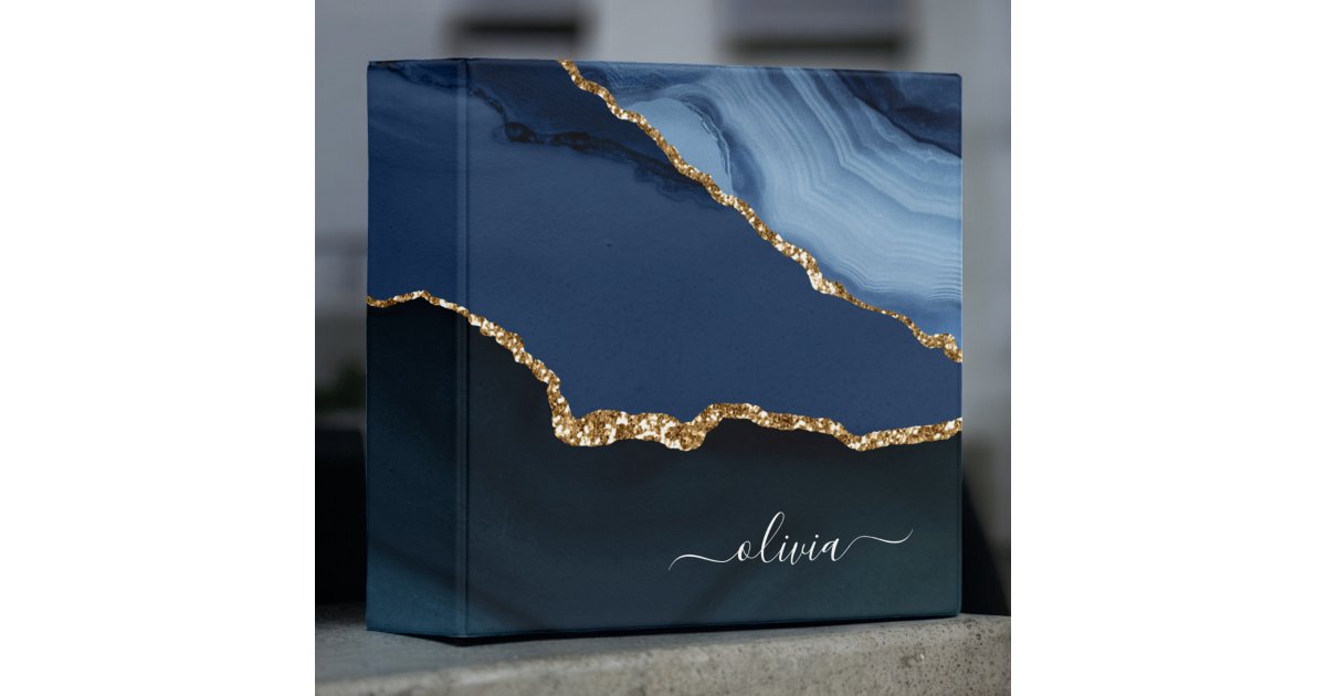Navy Blue Agate Geode Gold Monogram 3 Ring Binder | Zazzle