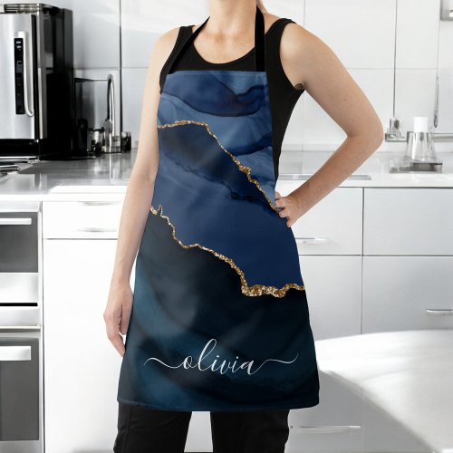 Navy Blue Agate Geode Gold Monogram Apron