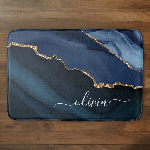 Navy Blue Agate Geode Gold Monogram Bath Mat