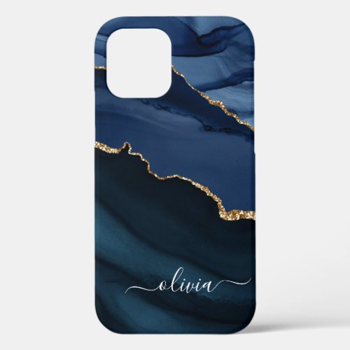 Navy Blue Agate Geode Gold Monogram Case_Mate iPho iPhone 12 Case