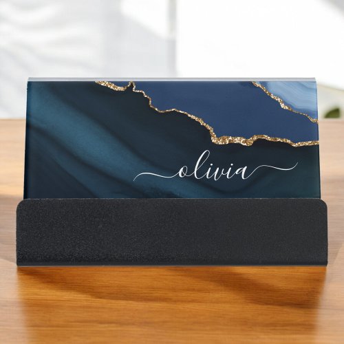 Navy Blue Agate Geode Gold Monogram Desk Business Card Holder