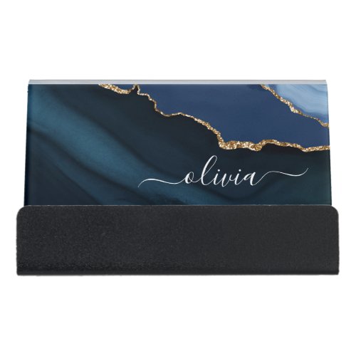 Navy Blue Agate Geode Gold Monogram Desk Business Card Holder